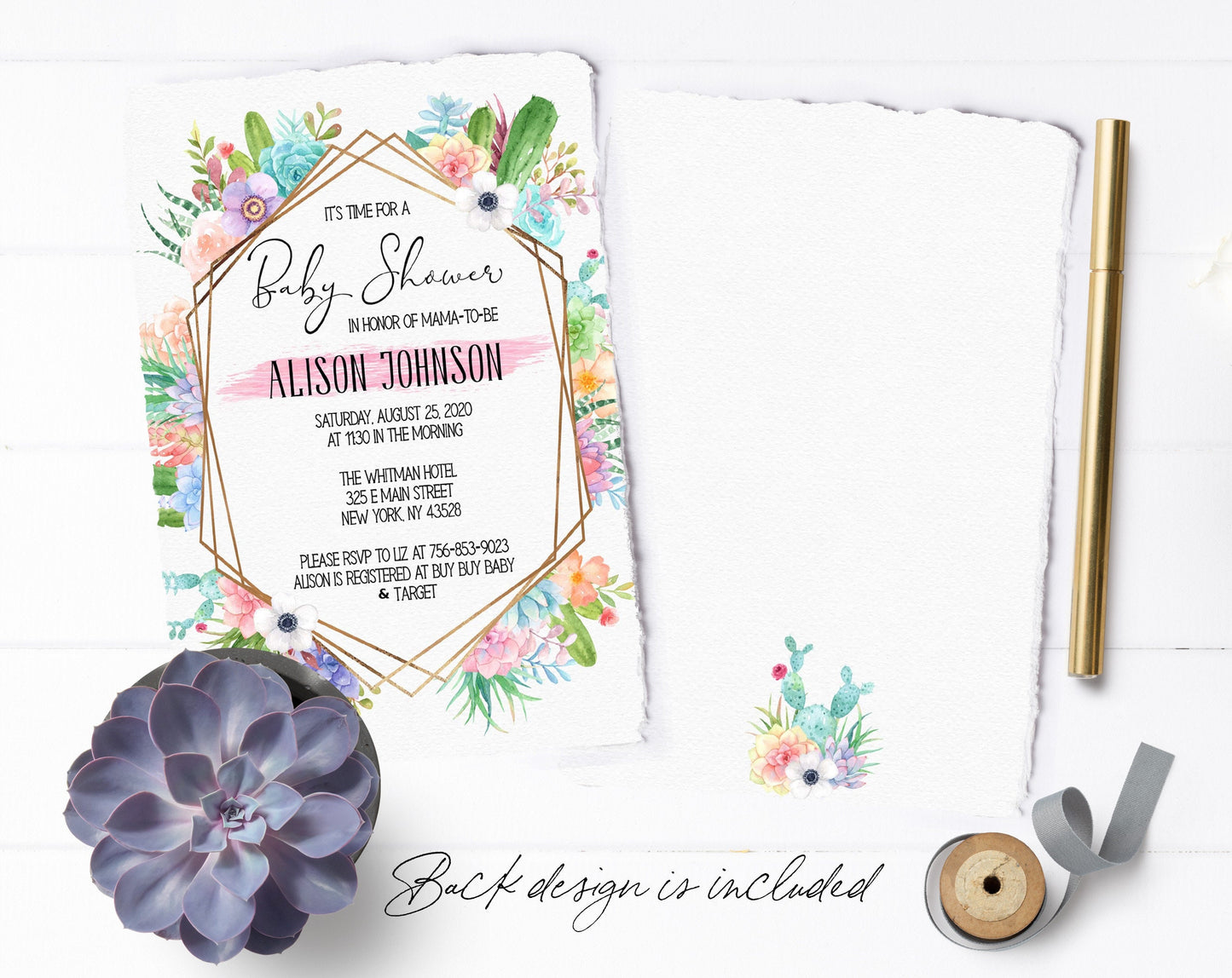 Succulent Baby Shower Invitation, Girl