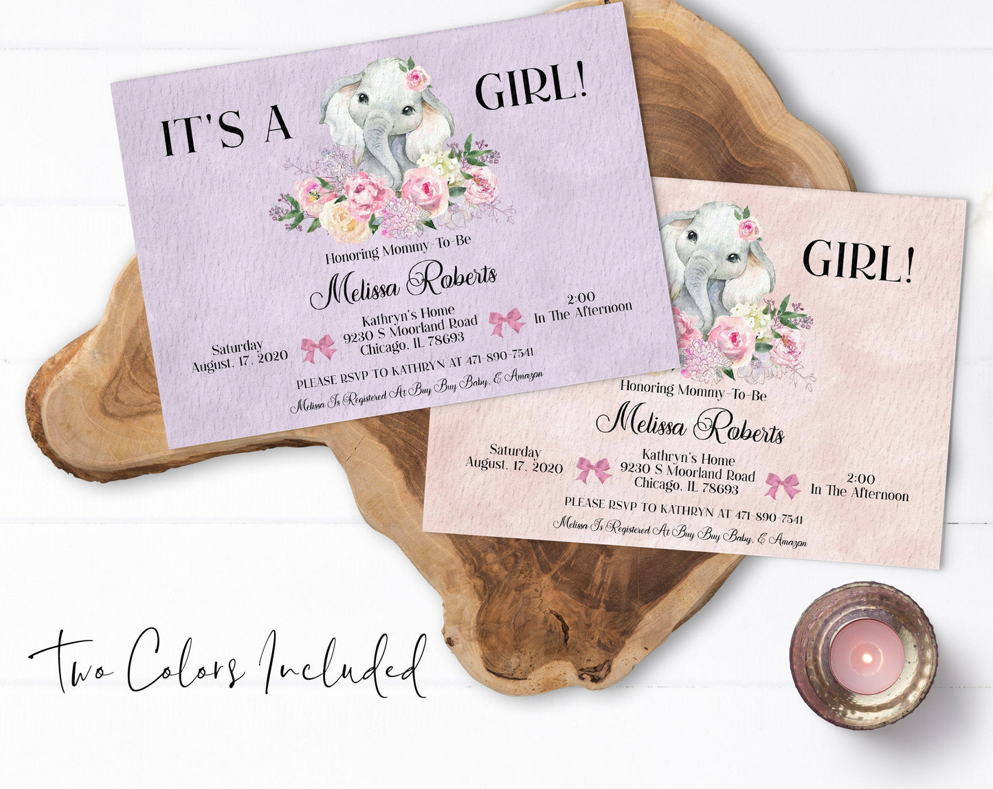 Floral Elephant Baby Shower Invitation, Lavender