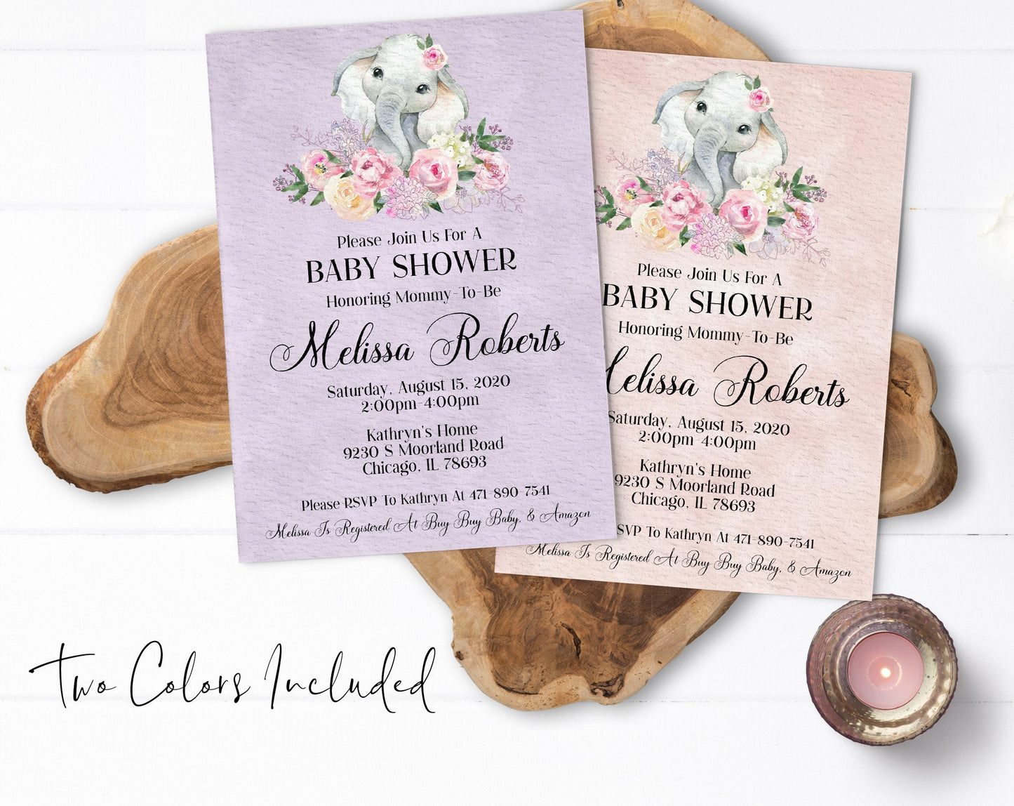 Floral Elephant Baby Shower Invitation, Lavender
