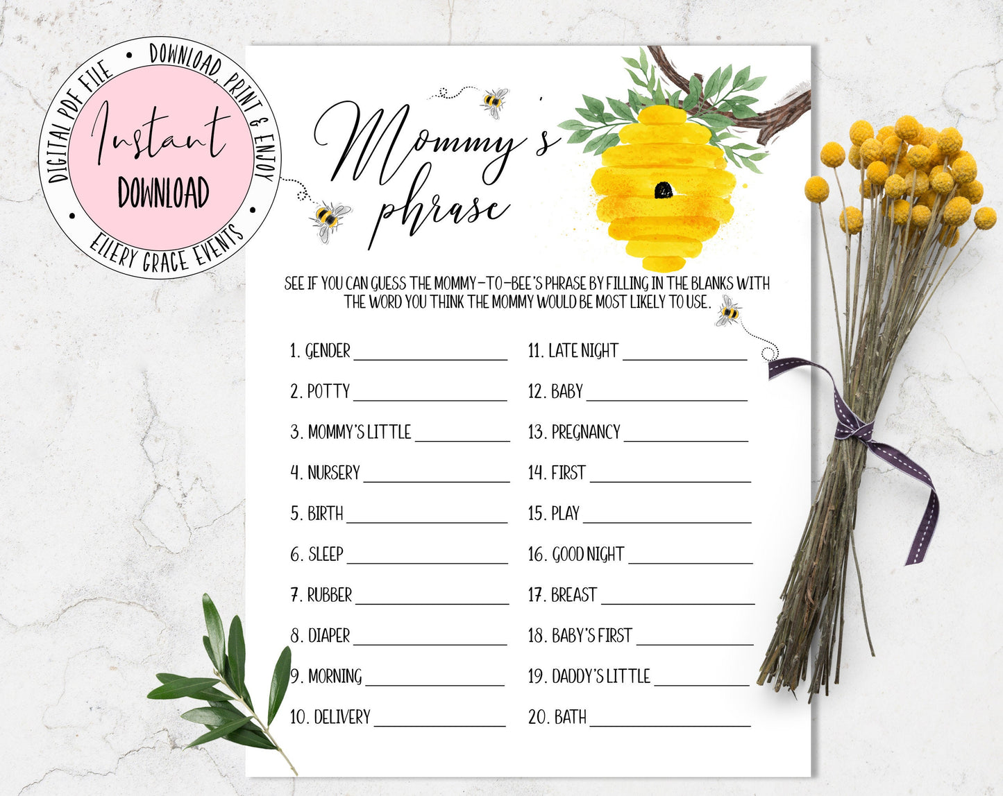 Bee Baby Shower, "Mommys Phrase" Game