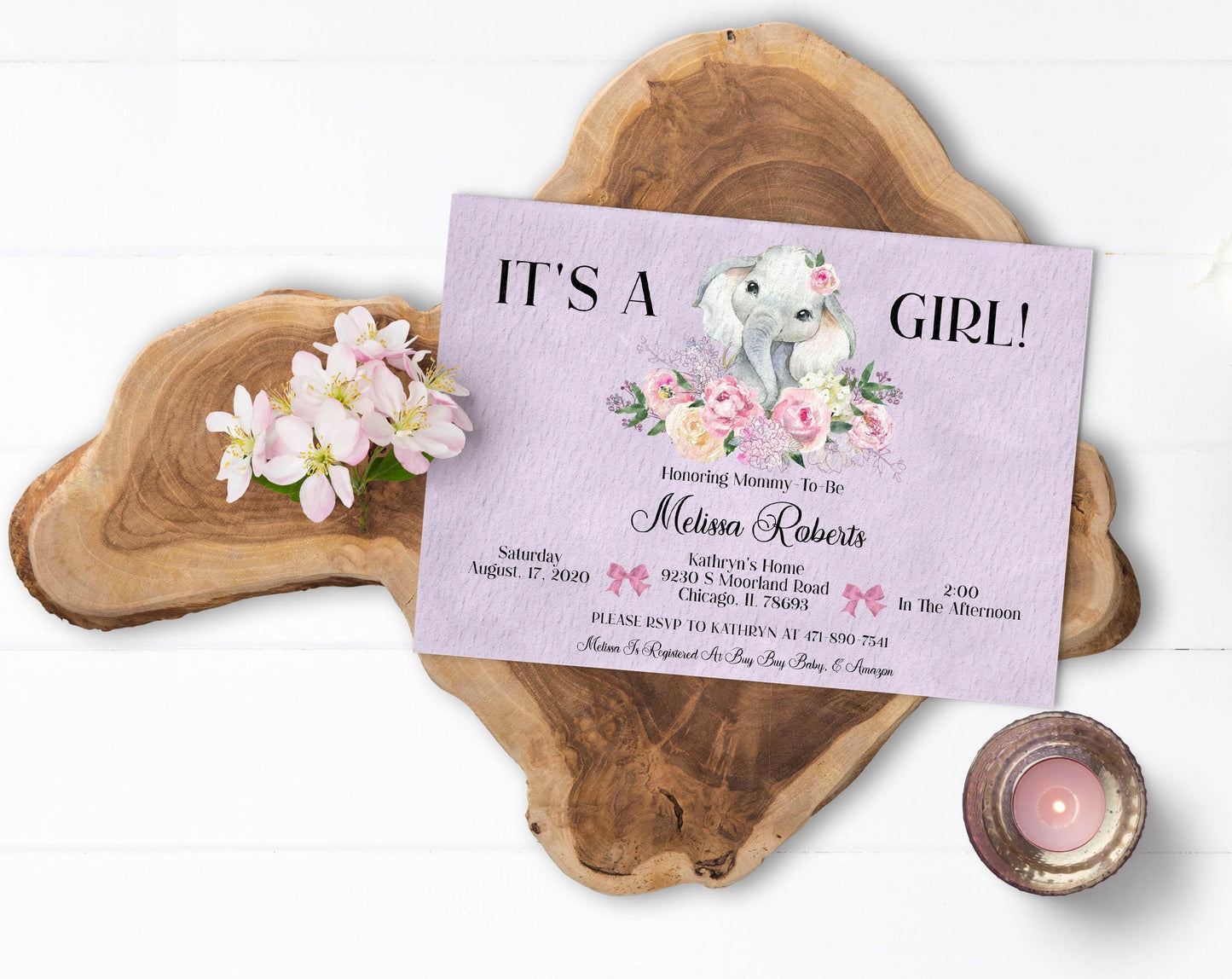 Floral Elephant Baby Shower Invitation, Lavender
