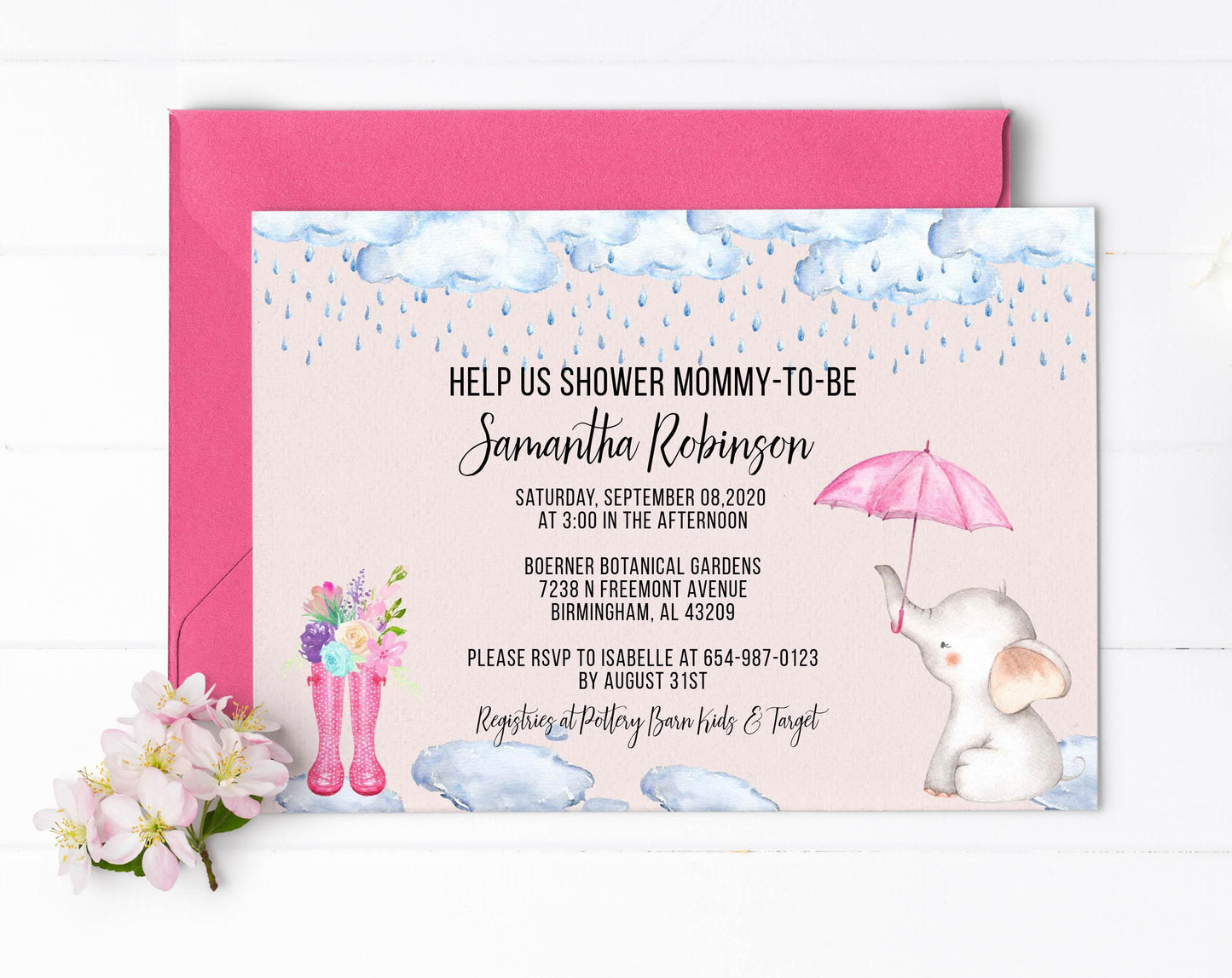 Elephant Baby Shower Invitation, Girl