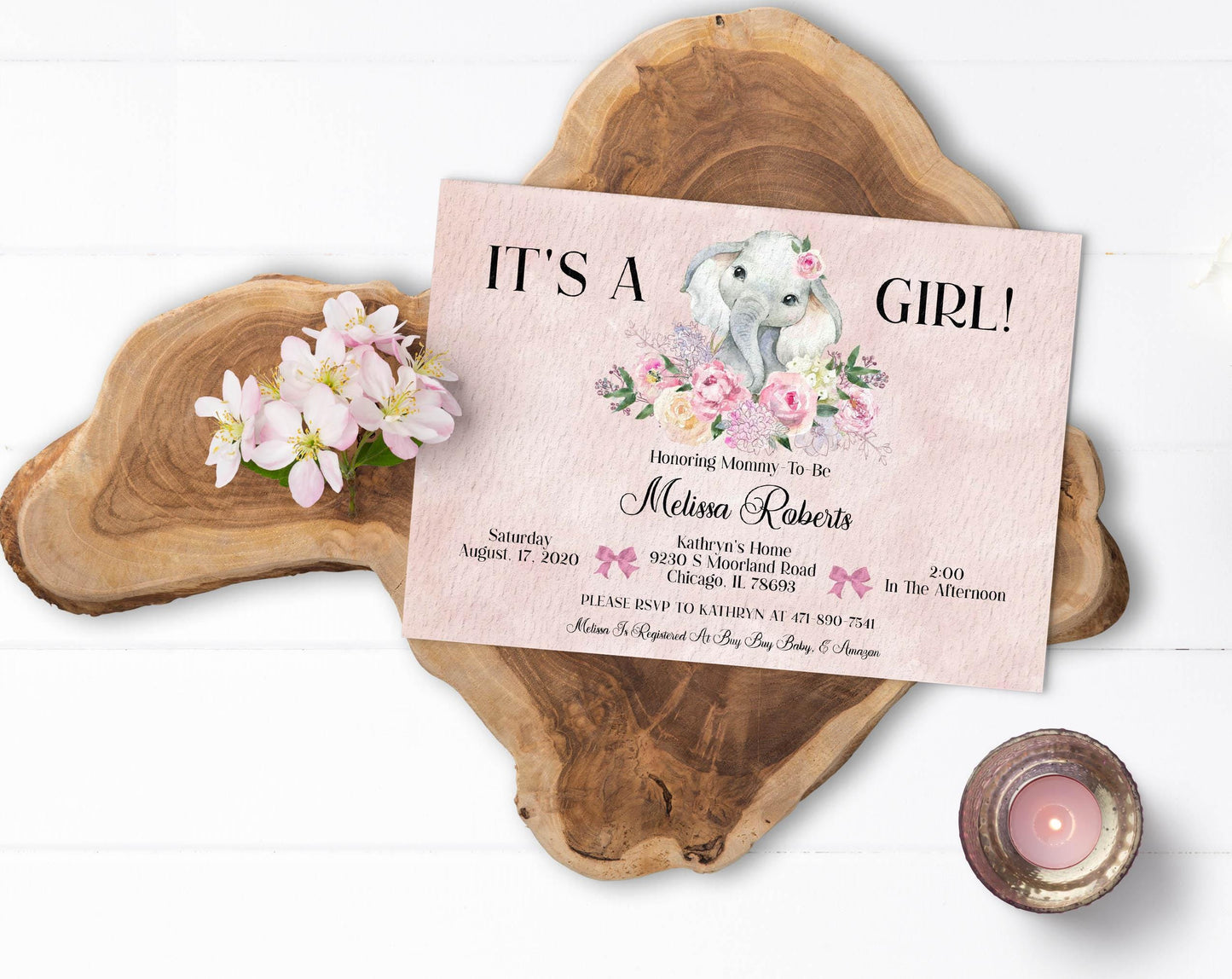 Floral Elephant Baby Shower Invitation, Blush