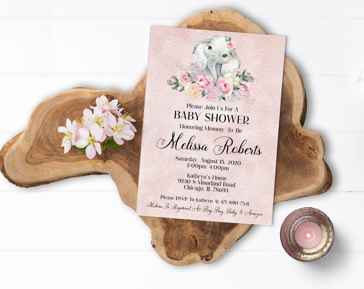 Floral Elephant Baby Shower Invitation, Blush