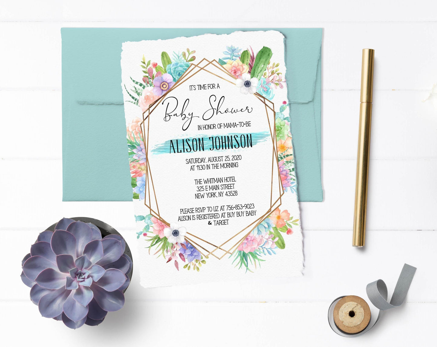 Succulent Baby Shower Invitation, Boy