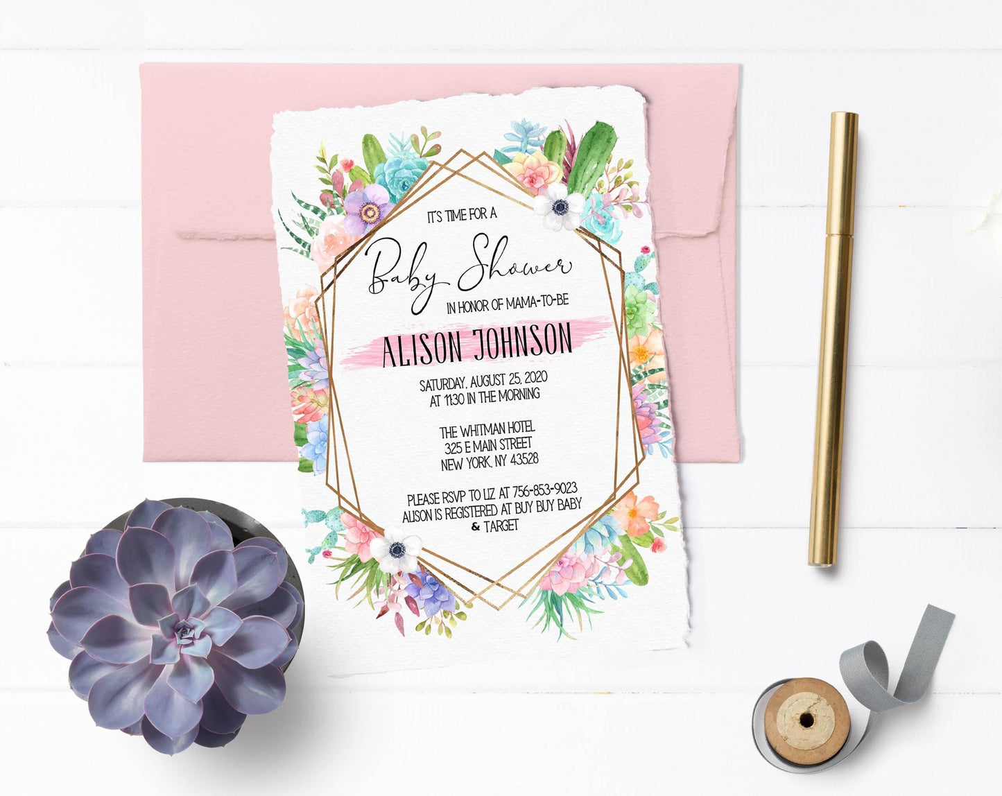 Succulent Baby Shower Invitation, Girl