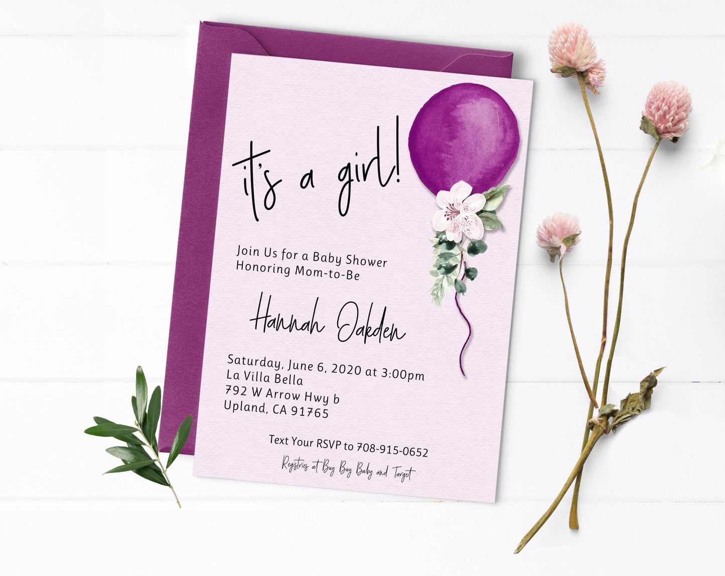 Greenery and Floral Balloon Baby Shower Invitation