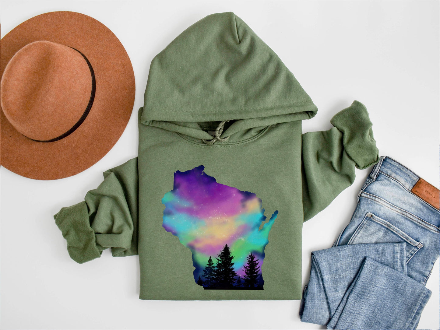 Hand Painted Wisconsin Northern Lights Unisex Hooded Sweatshirt Gildan 18500