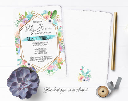 Succulent Baby Shower Invitation, Boy
