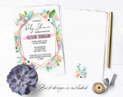 Succulent Baby Shower Invitation, Girl