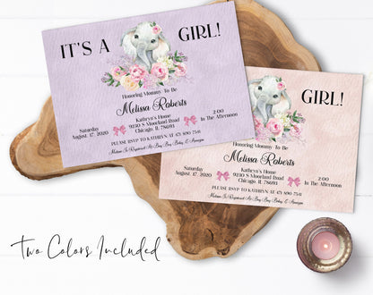 Floral Elephant Baby Shower Invitation, Lavender