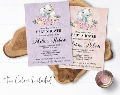 Floral Elephant Baby Shower Invitation, Lavender