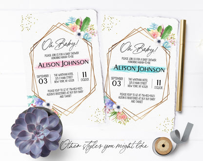 Succulent Baby Shower Invitation, Boy