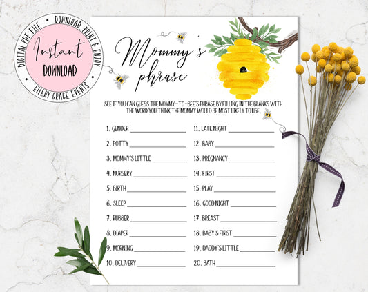 Bee Baby Shower, "Mommys Phrase" Game
