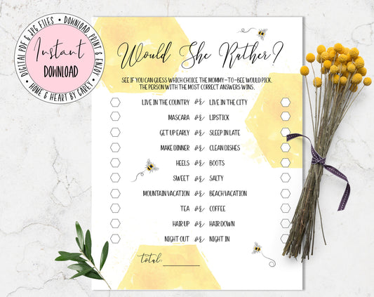 Bee Baby Shower, Would She Rather Activity, Gender Neutral