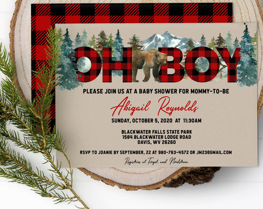 Oh Boy! Woodland Bear Baby Shower Invitation