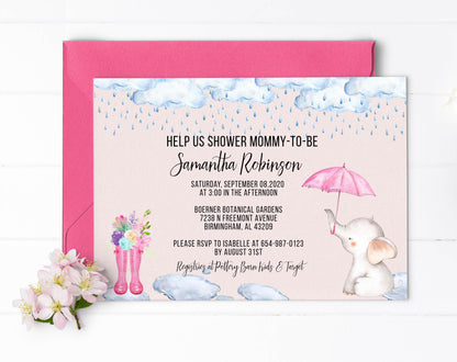 Elephant Baby Shower Invitation, Girl