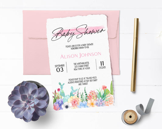 Cactus Baby Shower Invitation, Girl