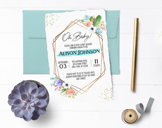 Oh Baby! Boho Succulent Baby Shower Invitation, Boy