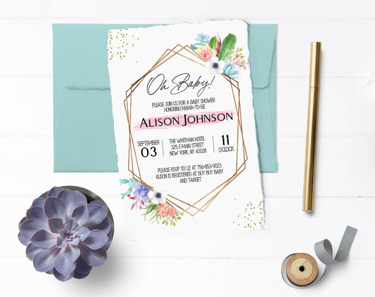 Oh Baby! Boho Succulent Baby Shower Invitation, Girl