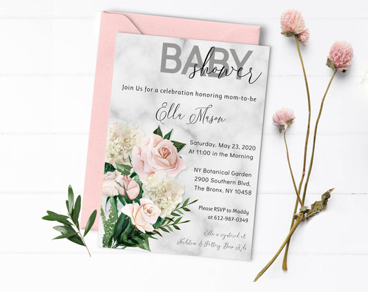 Blush Floral Baby Shower Invitation, Girl