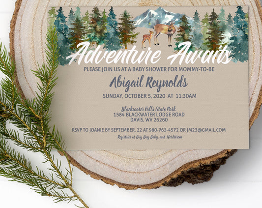 Adventure Awaits Woodland Deer Baby Shower Invitation, Gender Neutral
