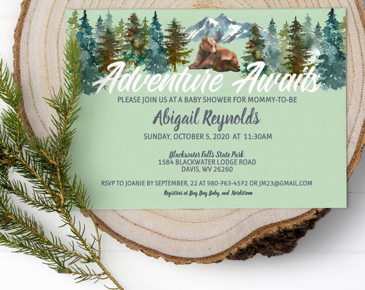 Adventure Awaits Woodland Bear Baby Shower Invitation, Gender Neutral