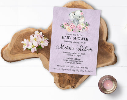Floral Elephant Baby Shower Invitation, Lavender