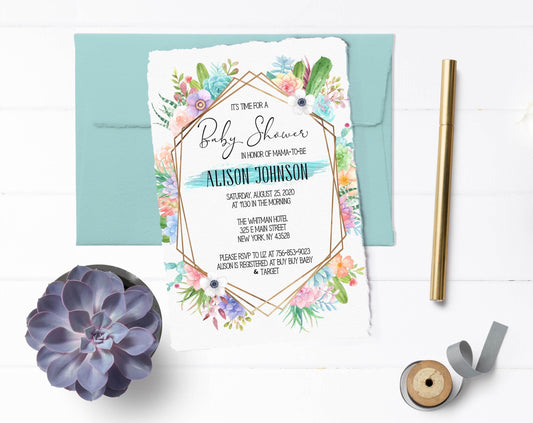 Succulent Baby Shower Invitation, Boy