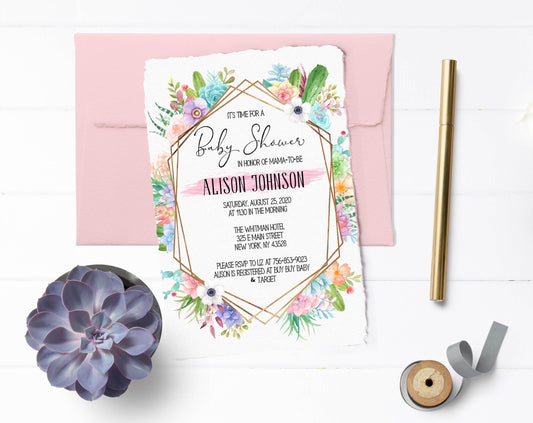 Succulent Baby Shower Invitation, Girl