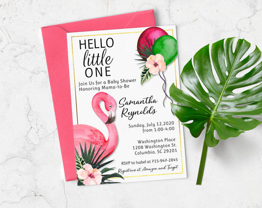 Hello Little One! Flamingo Baby Shower Invitation