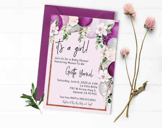 Greenery and Floral Balloon Baby Shower Invitation