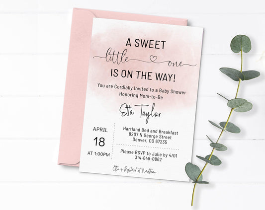 Simple Watercolor Baby Shower Invitation, Girl