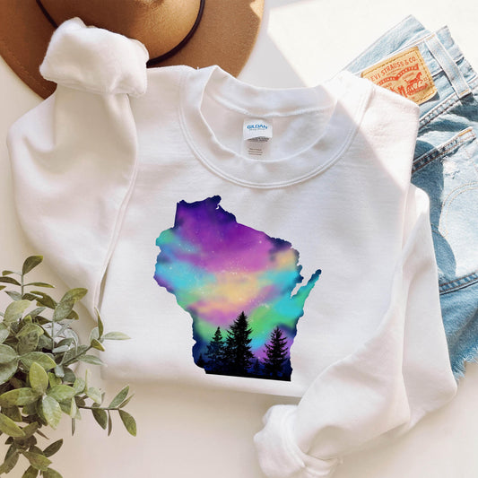 Hand Painted Wisconsin Northern Lights Unisex Crew Neck Sweatshirt Gildan 18000