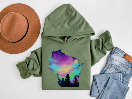 Hand Painted Wisconsin Northern Lights Unisex Hooded Sweatshirt Gildan 18500