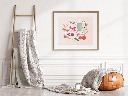Cozy Season Giclee Print, Comfy Fall Print, Hygge Inspired Hand Lettered Illustration