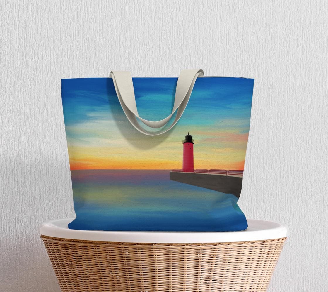 Pierhead Lighthouse Oversized Market Tote | Milwaukee Landmark Art | Large Magnetic Closure Tote Bag