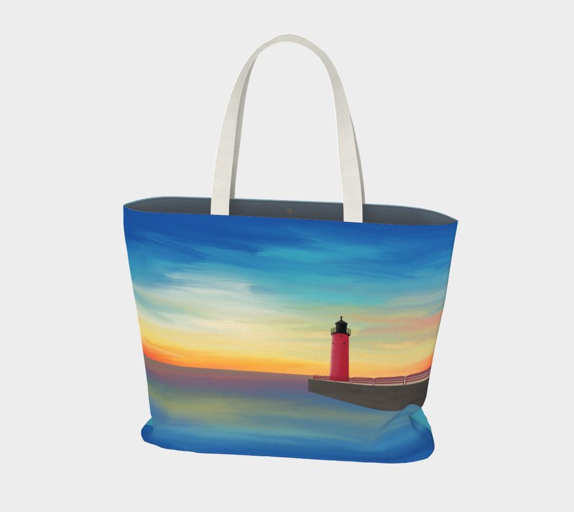 Pierhead Lighthouse Oversized Market Tote | Milwaukee Landmark Art | Large Magnetic Closure Tote Bag