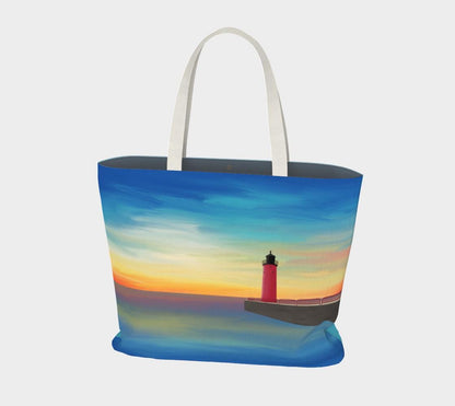 Pierhead Lighthouse Oversized Market Tote | Milwaukee Landmark Art | Large Magnetic Closure Tote Bag
