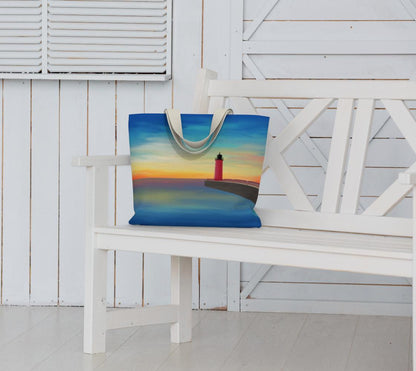 Pierhead Lighthouse Oversized Market Tote | Milwaukee Landmark Art | Large Magnetic Closure Tote Bag